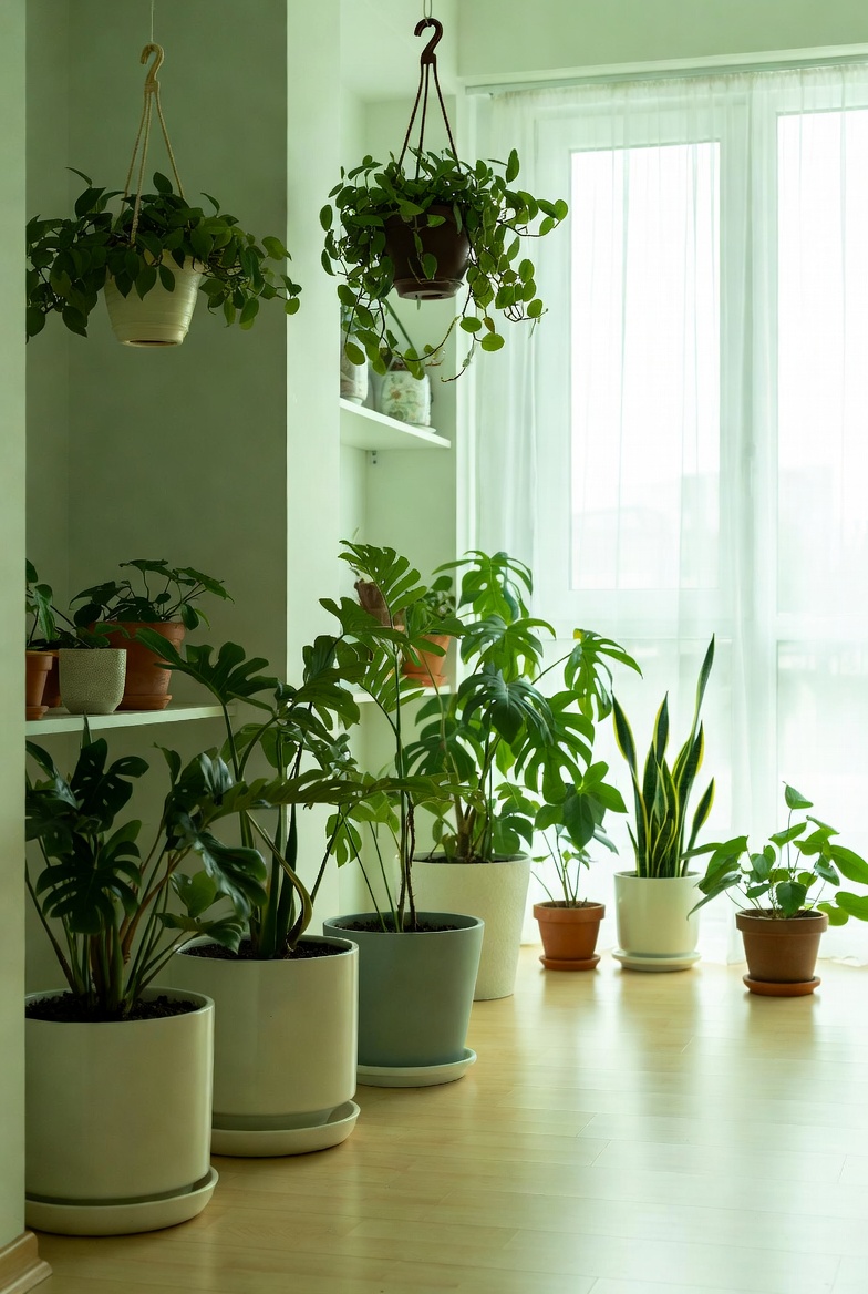 Moderni olohuone kasveilla